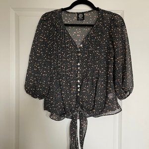 Bobeau Floral Navy Blouse with Tie